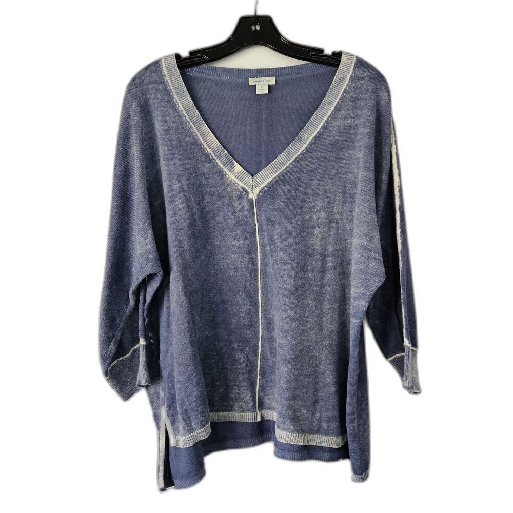 SUNDANCE Cece V Neck Lightweight Cotton Sweater Denim Blue Burnout Large